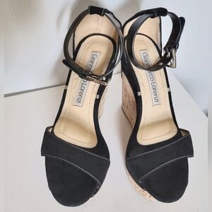 Gianmarco Lorenzi Cork Platforms Open Toe Black Suede Size 38 US 8
